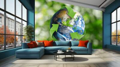 Recycling concept. Earth planet with green arrows and leaves on blurred background, illustration Wall mural