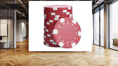 Red casino chips stacked on white background. Poker game Wall mural