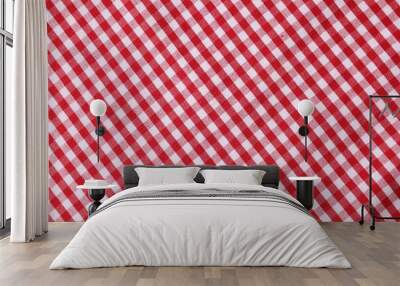 Red checkered tablecloth as background, top view Wall mural