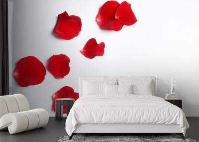 Red rose petals on white background, top view Wall mural