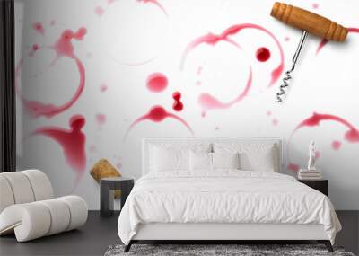 Red wine rings, drops, bungs and corkscrew on white background, top view Wall mural