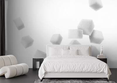 Refined sugar cubes in air on white background Wall mural