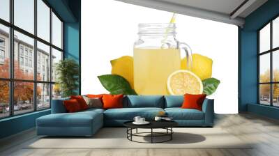 Refreshing lemon juice in mason jar, leaves and fruits isolated on white Wall mural