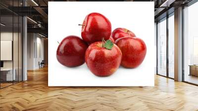 Ripe juicy red apples with leaf on white background Wall mural