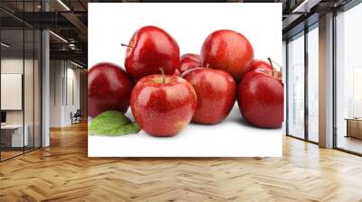 Ripe juicy red apples with leaves on white background Wall mural