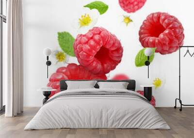 Ripe raspberries and flowers in air on white background Wall mural