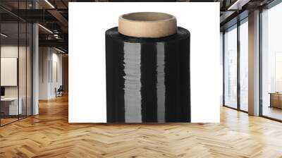 Roll of black plastic stretch wrap film isolated on white, closeup Wall mural