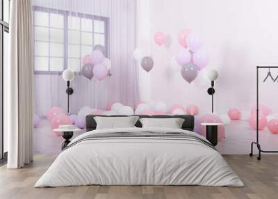 Room decorated with colorful balloons near wall Wall mural