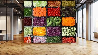 Salad bar with different fresh ingredients as background, top view Wall mural