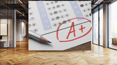 School grade. Answer sheet with red letter A, plus symbol and pencil on wooden table, closeup Wall mural