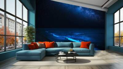 Sea waves rolling onto sandy beach under starry sky at night Wall mural