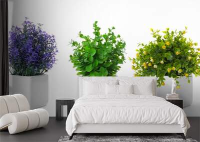 Set of artificial plants in flower pots isolated on white. Banner design Wall mural