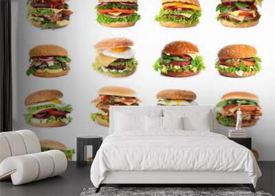 Set of delicious burgers on white background Wall mural