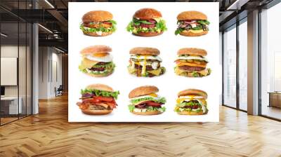 Set of delicious burgers on white background Wall mural