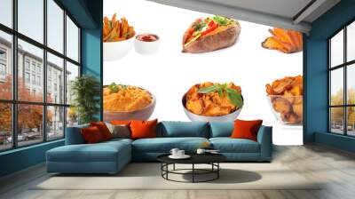 Set of delicious cooked sweet potatoes on white background Wall mural