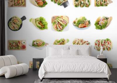 Set of delicious fresh fish tacos on white background Wall mural