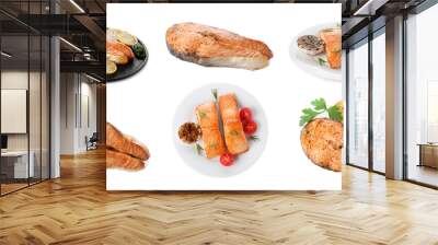 Set of delicious roasted fish on white background Wall mural