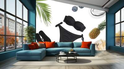 Set of different beach accessories on white background, top view Wall mural