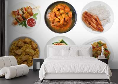 Set of different delicious chicken dishes isolated on white, top view Wall mural