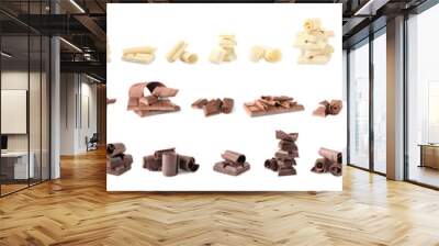 Set of different delicious chocolate curls and pieces on white background Wall mural