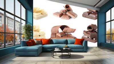 Set of different delicious chocolate pieces and curls on white background Wall mural