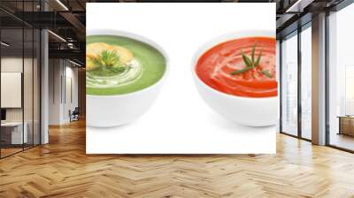 Set of different fresh homemade soups on white background. Banner design Wall mural