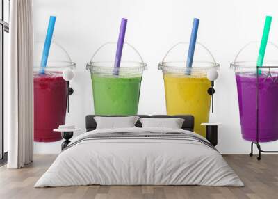 Set of different fresh tasty smoothies on white background. Banner design Wall mural