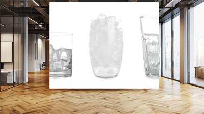 Set of different glasses with ice cubes on white background Wall mural