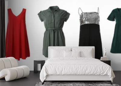 Set of different stylish dresses on white background. Banner design Wall mural