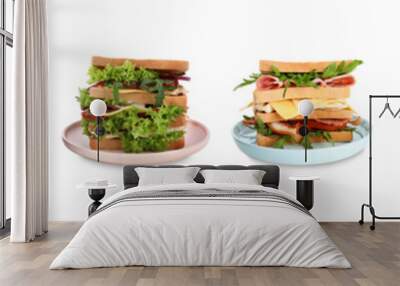 Set of different yummy sandwiches on white background. Banner design Wall mural