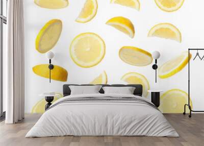 Set of flying cut fresh juicy lemon on white background Wall mural