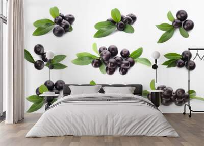 Set of fresh acai berries with green leaves on white background Wall mural