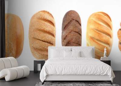 Set of fresh bread on white background, top view Wall mural