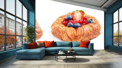 Set of fresh delicious puff pastries with sweet berries on white background. Banner design Wall mural