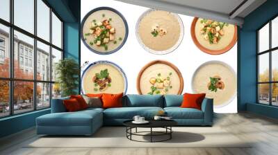 Set of fresh homemade mushroom soup on white background, top view Wall mural