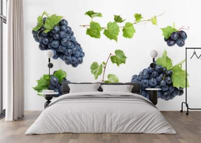 Set of fresh juicy grapes and leaves on white background Wall mural