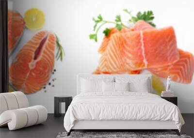 Set of fresh raw salmon on white background, top view. Fish delicacy Wall mural