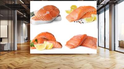 Set of fresh raw salmon on white background. Fish delicacy Wall mural