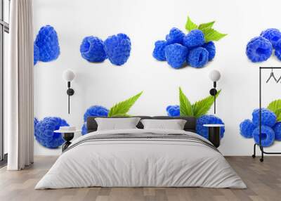 Set of fresh sweet blue raspberries on white background. Banner design Wall mural