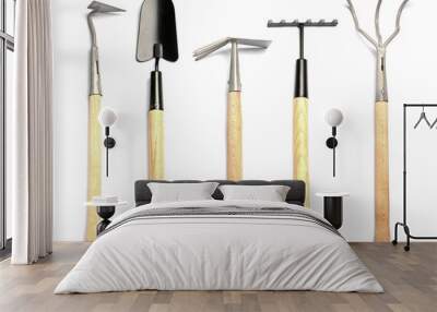 Set of gardening tools on white background, top view Wall mural