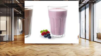 Set of glasses with delicious protein shakes on white background Wall mural