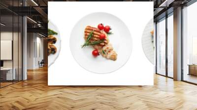 Set of grilled chicken breasts on white background, top view. Banner design Wall mural