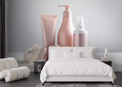 Set of hair care cosmetic products on white table Wall mural