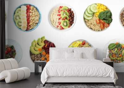 Set of healthy dishes with quinoa isolated on white, top view Wall mural