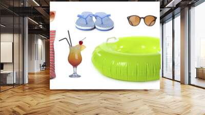 Set of items needed in summer vacation on white background. Banner design Wall mural