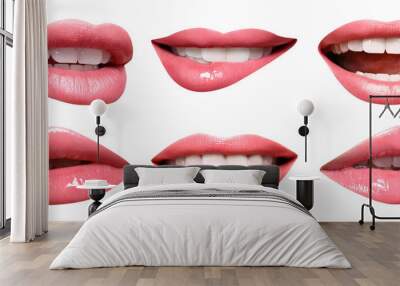 Set of mouths with beautiful make-up isolated on white. Pink lipstick Wall mural