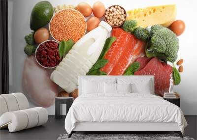 Set of natural food high in protein on white background, top view Wall mural