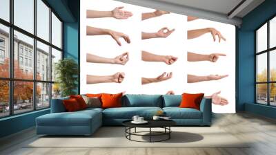 Set of people showing different gestures on white background, closeup view of hands Wall mural