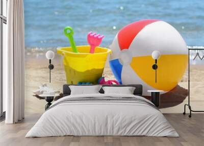 Set of plastic beach toys and inflatable ball on sand near sea Wall mural