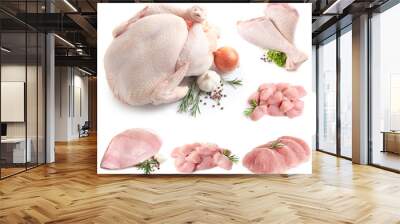 Set of raw turkey on white background Wall mural